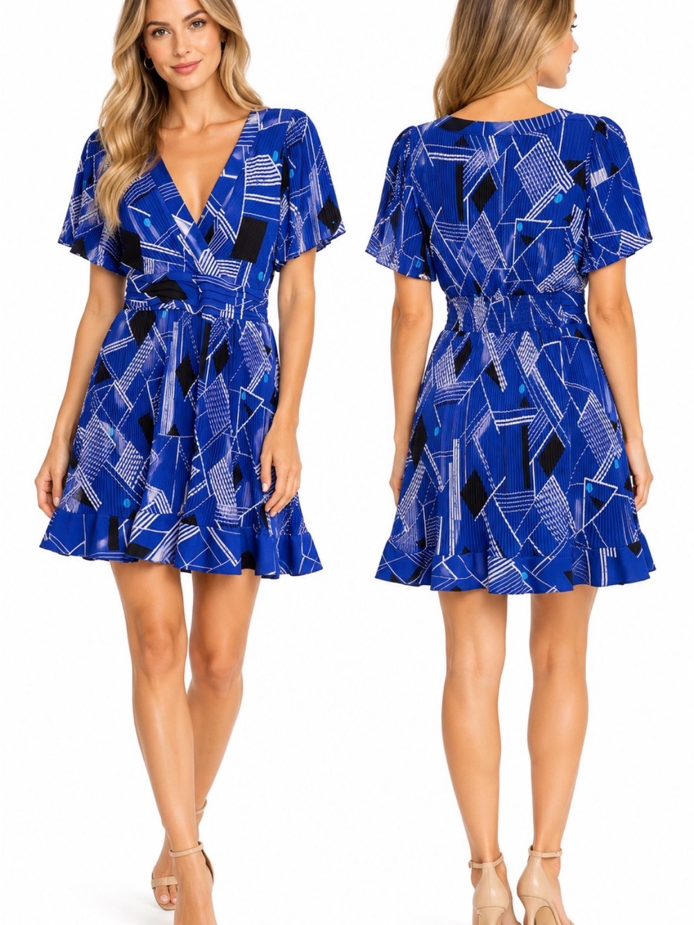 NWT Karl Lagerfeld Paris Blue Geometric Pleated Mini Dress Size 8